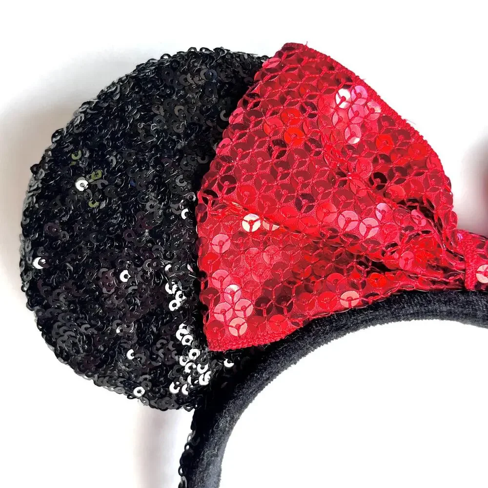 Disney Parks Minnie Mouse Black Ears Red Bow Sequins Headband Sparkly Dressup